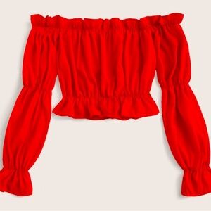 Ruffle Trim Off-Shoulder Blouse, Long Sleeve Tops